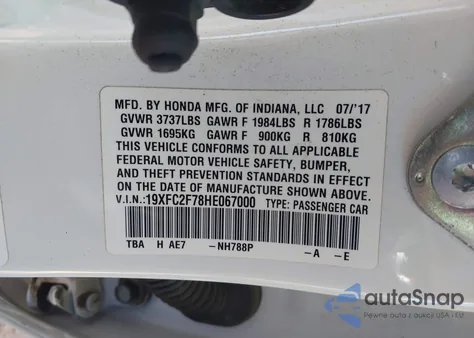 2017 Honda Civic Ex z USA, uszkodzony, nr VIN 19XFC2F78HE067000